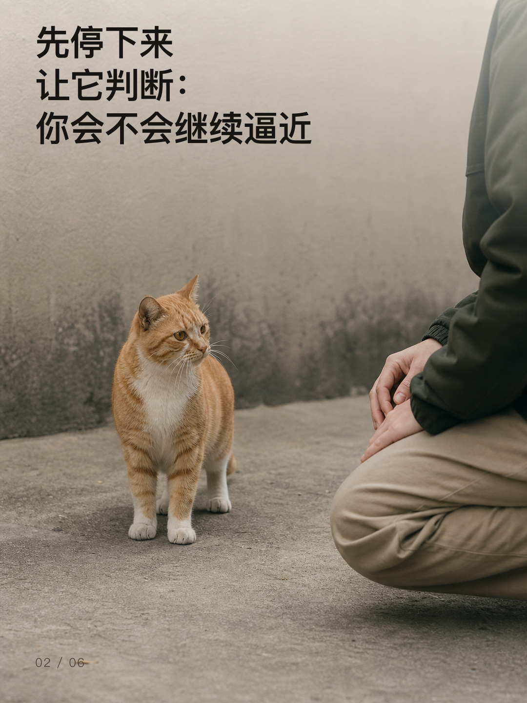 先停下来,让猫判断你会不会继续逼近